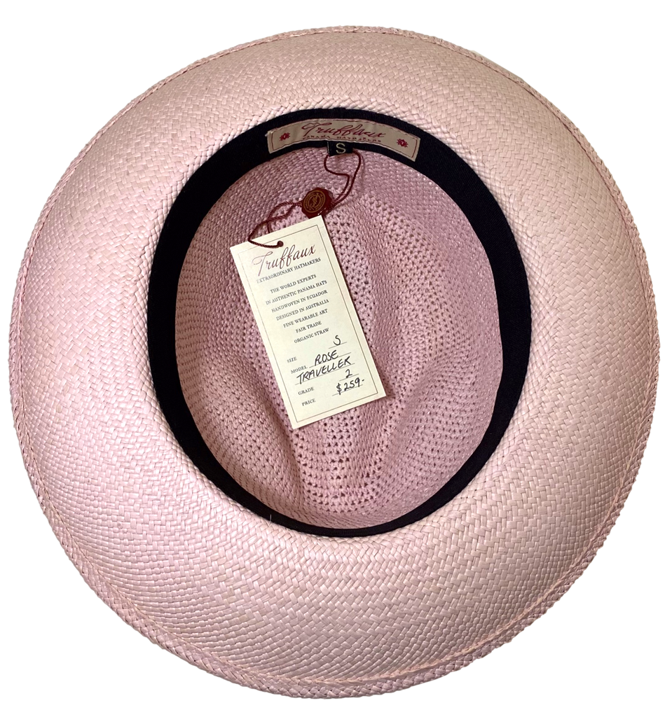 Truffaux rose Traveller Panama hat rollable packable crushable and beautiful inside