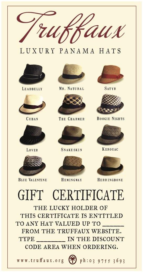 Genuine Truffaux Gift Voucher Card - Truffaux Hatmakers genuine Truffaux Panama hats, Australia, USA